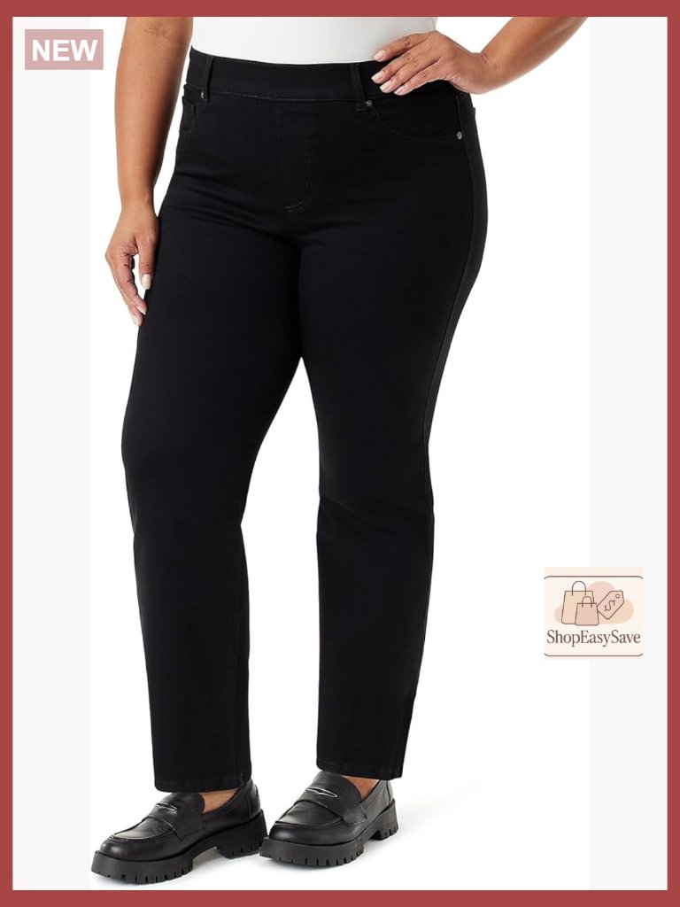 High Rise Straight Leg Pull On Jeans Elastic Waistband Stretch Cotton Blend
